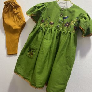 🌿 Olive Green Hand-Painted Frock with Mustard Pajama