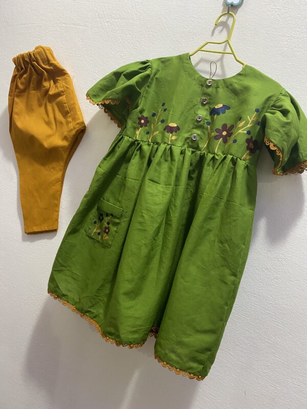 🌿 Olive Green Hand-Painted Frock with Mustard Pajama