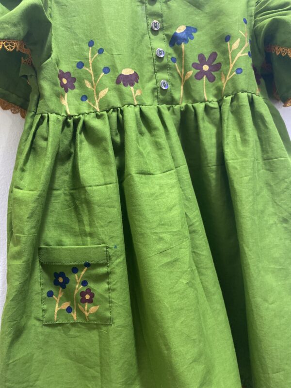🌿 Olive Green Hand-Painted Frock with Mustard Pajama - Image 2