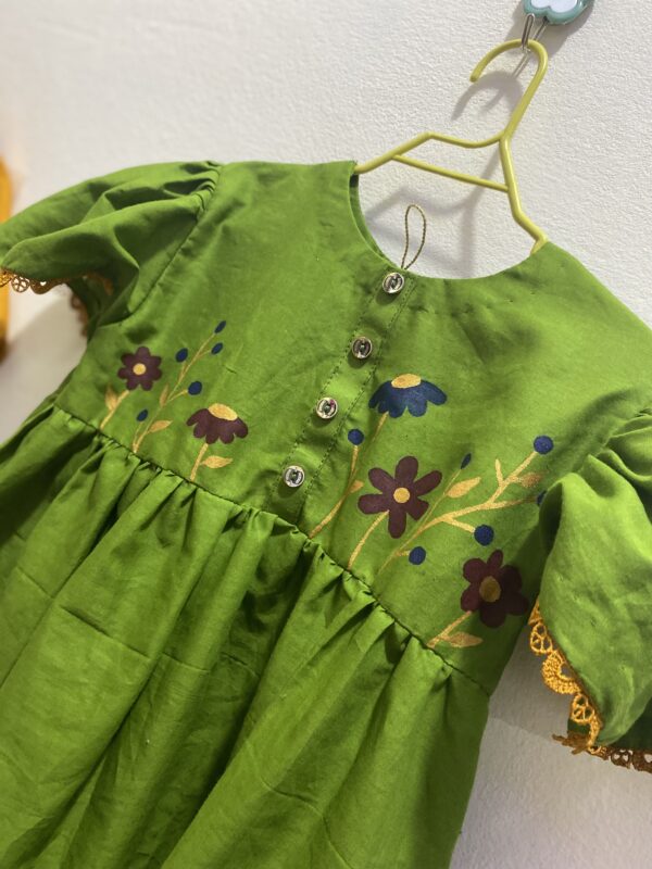 🌿 Olive Green Hand-Painted Frock with Mustard Pajama - Image 3