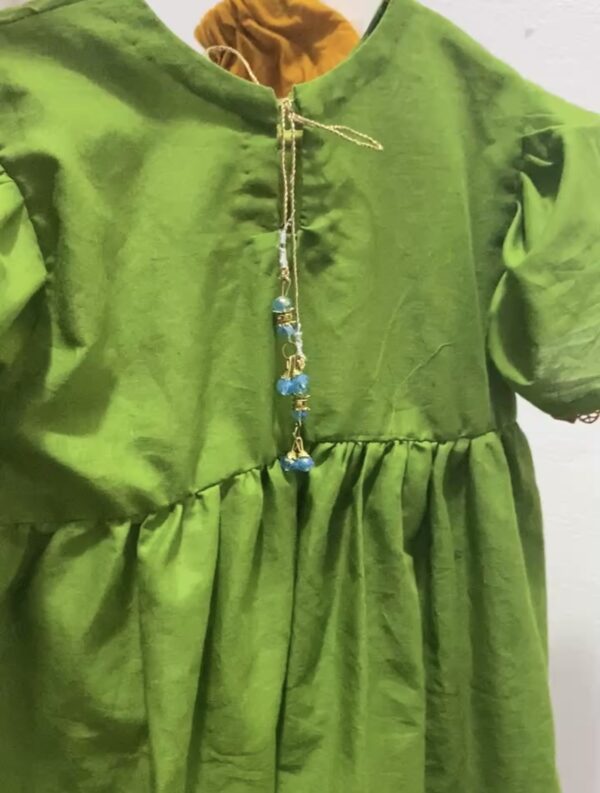 🌿 Olive Green Hand-Painted Frock with Mustard Pajama - Image 4