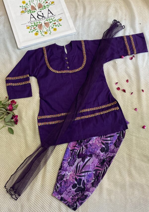 Purple Premium Lawn Cotton Kurta with Printed Box-Pleated Lawn Shalwar and Net Dupatta – 1 to 2 Years 💜 - Image 2