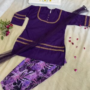 Purple Premium Lawn Cotton Kurta with Printed Box-Pleated Lawn Shalwar and Net Dupatta – 1 to 2 Years 💜