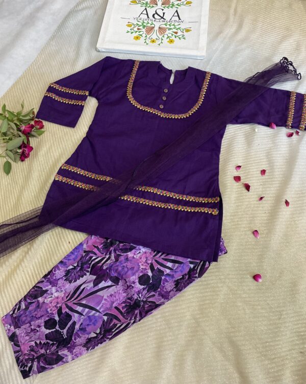 Purple Premium Lawn Cotton Kurta with Printed Box-Pleated Lawn Shalwar and Net Dupatta – 1 to 2 Years 💜
