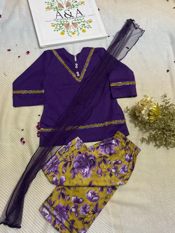 ✨ Simple Purple Kurta with Lace | Printed Trouser & Net Dupatta – 1 to 2 & 2_3 years