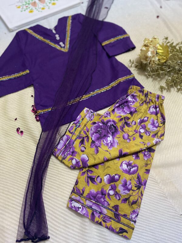 ✨ Simple Purple Kurta with Lace | Printed Trouser & Net Dupatta – 1 to 2 & 2_3 years - Image 2