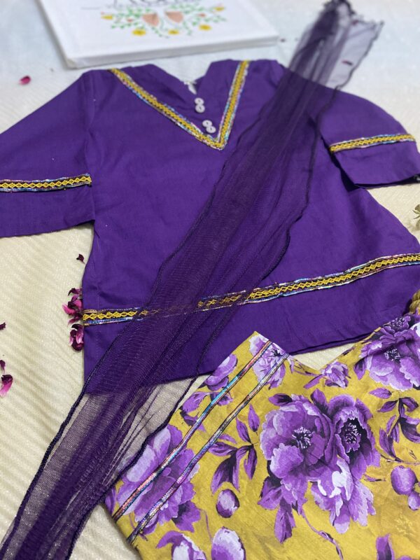 ✨ Simple Purple Kurta with Lace | Printed Trouser & Net Dupatta – 1 to 2 & 2_3 years - Image 3