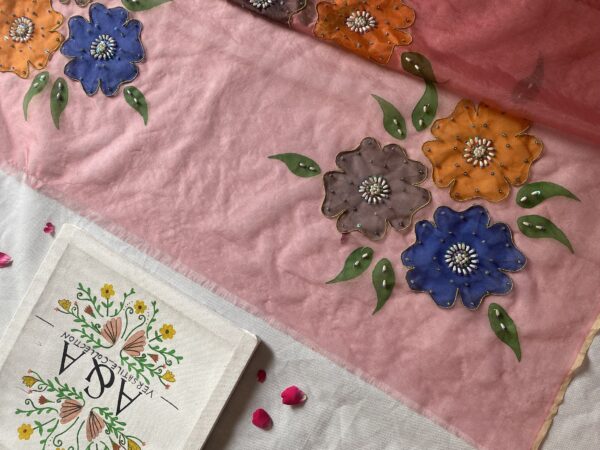 🌸 Hand-Painted Pure Organza Dupatta ✨ | 🎨 Naqshi + Adda Work | 💎 Pearls & Sitara | 📏 Approx. 2.5 Yards - Image 2