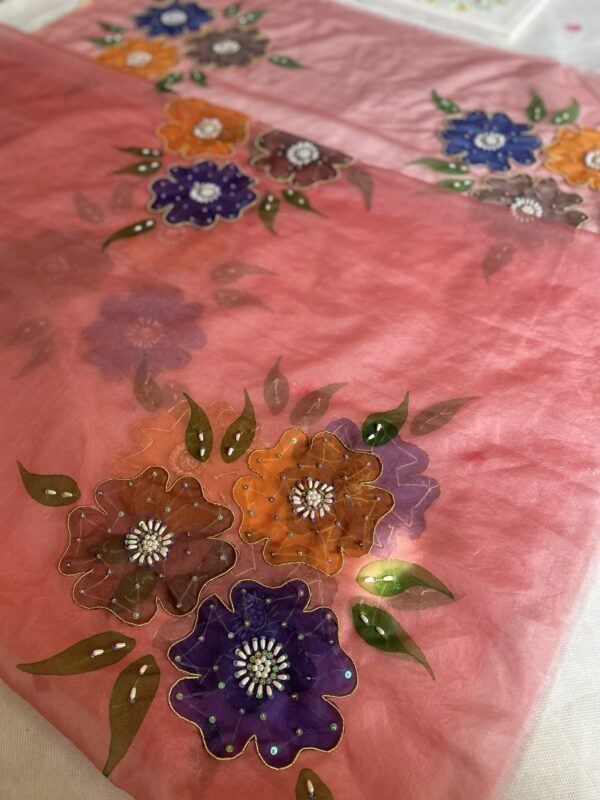 🌸 Hand-Painted Pure Organza Dupatta ✨ | 🎨 Naqshi + Adda Work | 💎 Pearls & Sitara | 📏 Approx. 2.5 Yards - Image 4