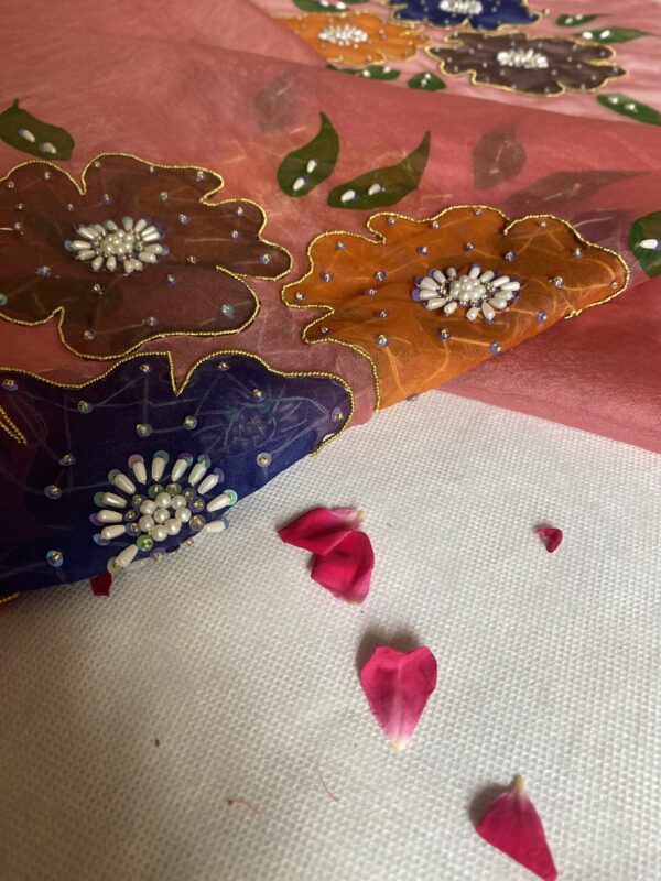 🌸 Hand-Painted Pure Organza Dupatta ✨ | 🎨 Naqshi + Adda Work | 💎 Pearls & Sitara | 📏 Approx. 2.5 Yards - Image 3