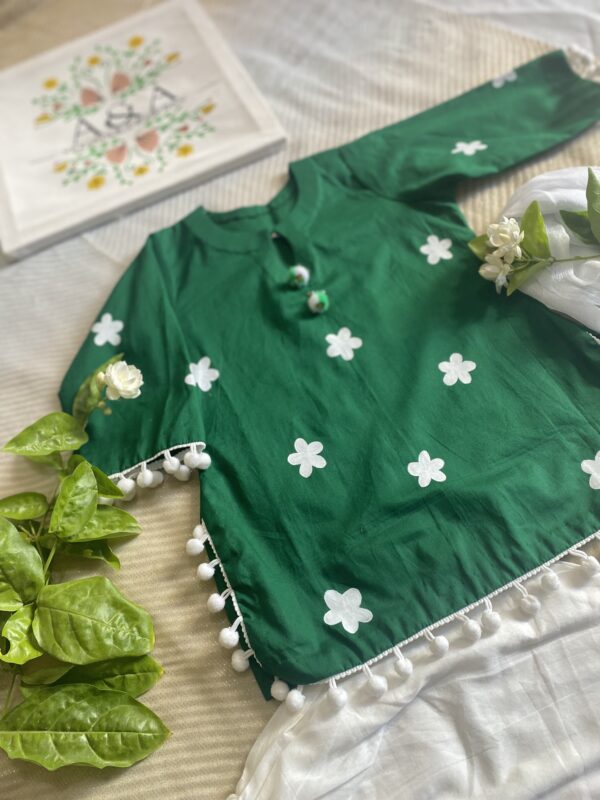 🟢✨ Azadi Special – Hand-Painted Green Shirt & White Shalwar Set for Baby Girls (2–3 Years) 🇵🇰🌼 - Image 2