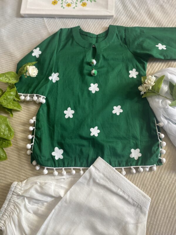 🟢✨ Azadi Special – Hand-Painted Green Shirt & White Shalwar Set for Baby Girls (2–3 Years) 🇵🇰🌼