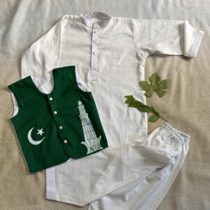 🇵🇰 Boys White Kurta Pajama 3-Piece Set – Lawn | 14 August Edition ✨ (Age 3–4 Years)