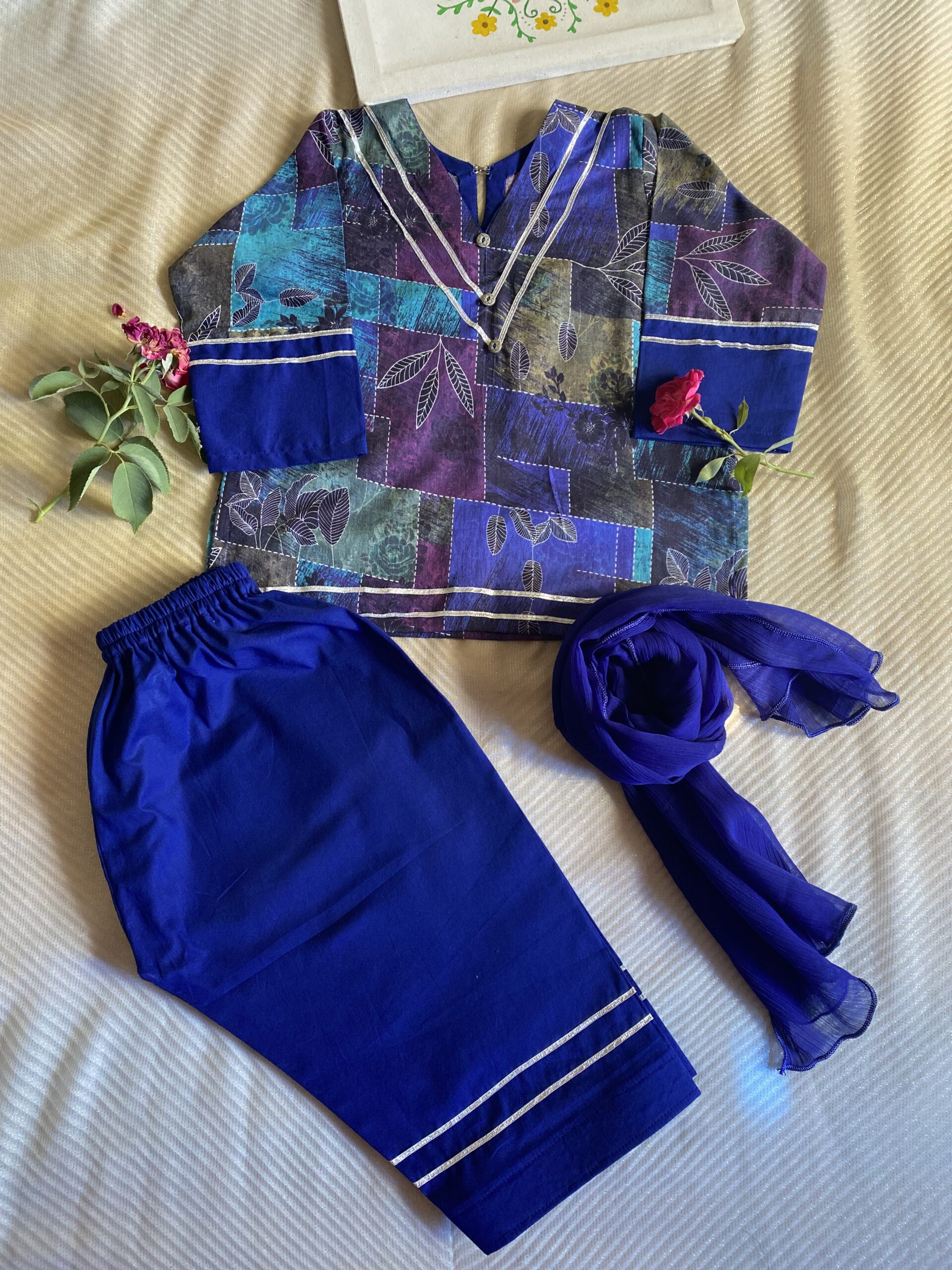 🌸 Blue Summer 3 Piece Lawn Suit – Kidswear with Artistic Prints 🌸