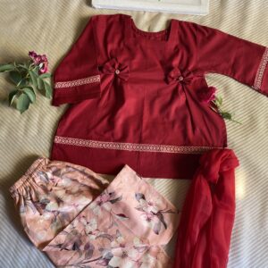 🌹 Maroon & Peach Summer 3 Piece Lawn Suit – Kidswear Elegance