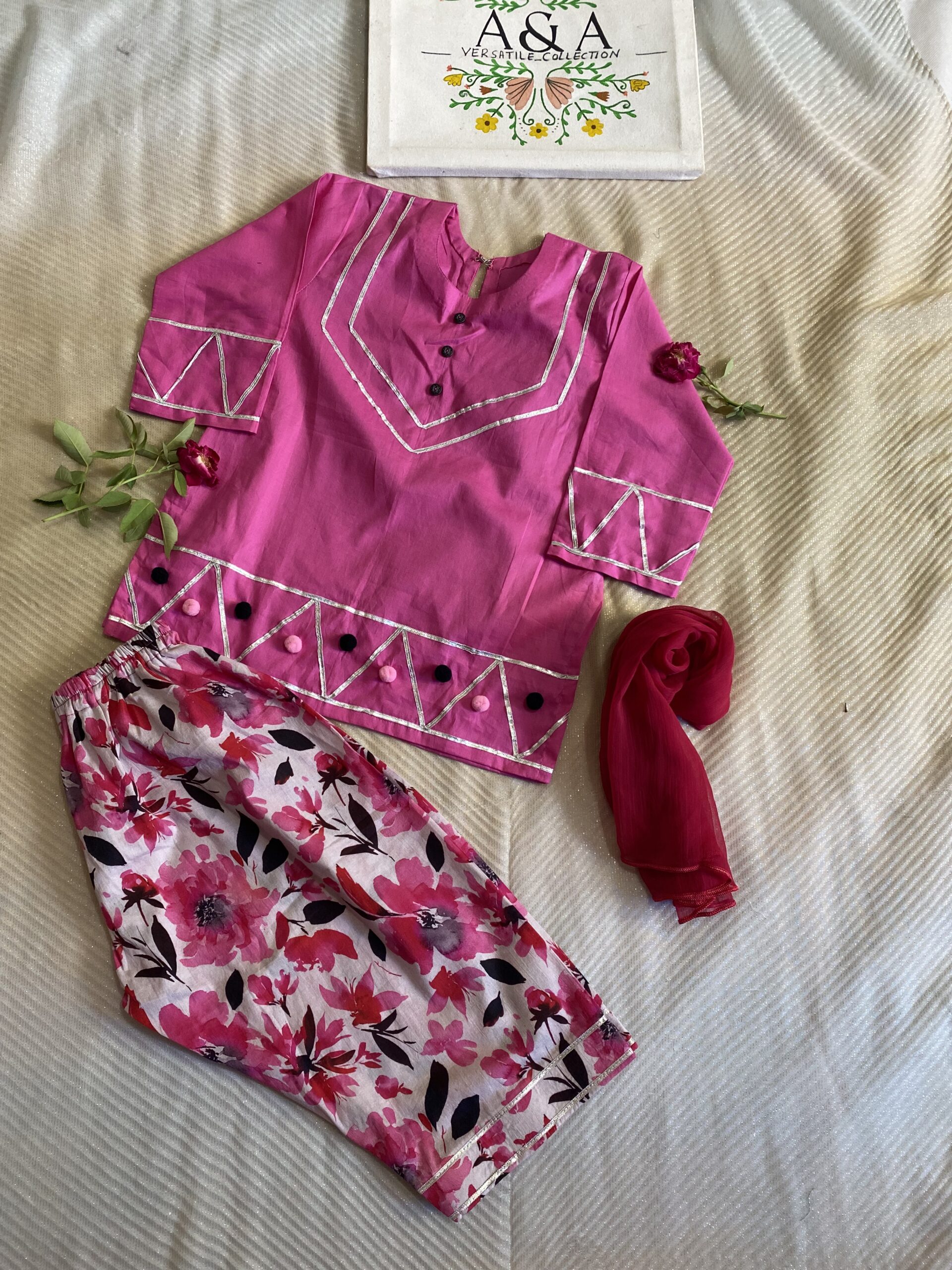 πΈ Pink Summer 3 Piece Lawn Suit β Kidswear with Lace & Pom-Pom Detailing πΈ