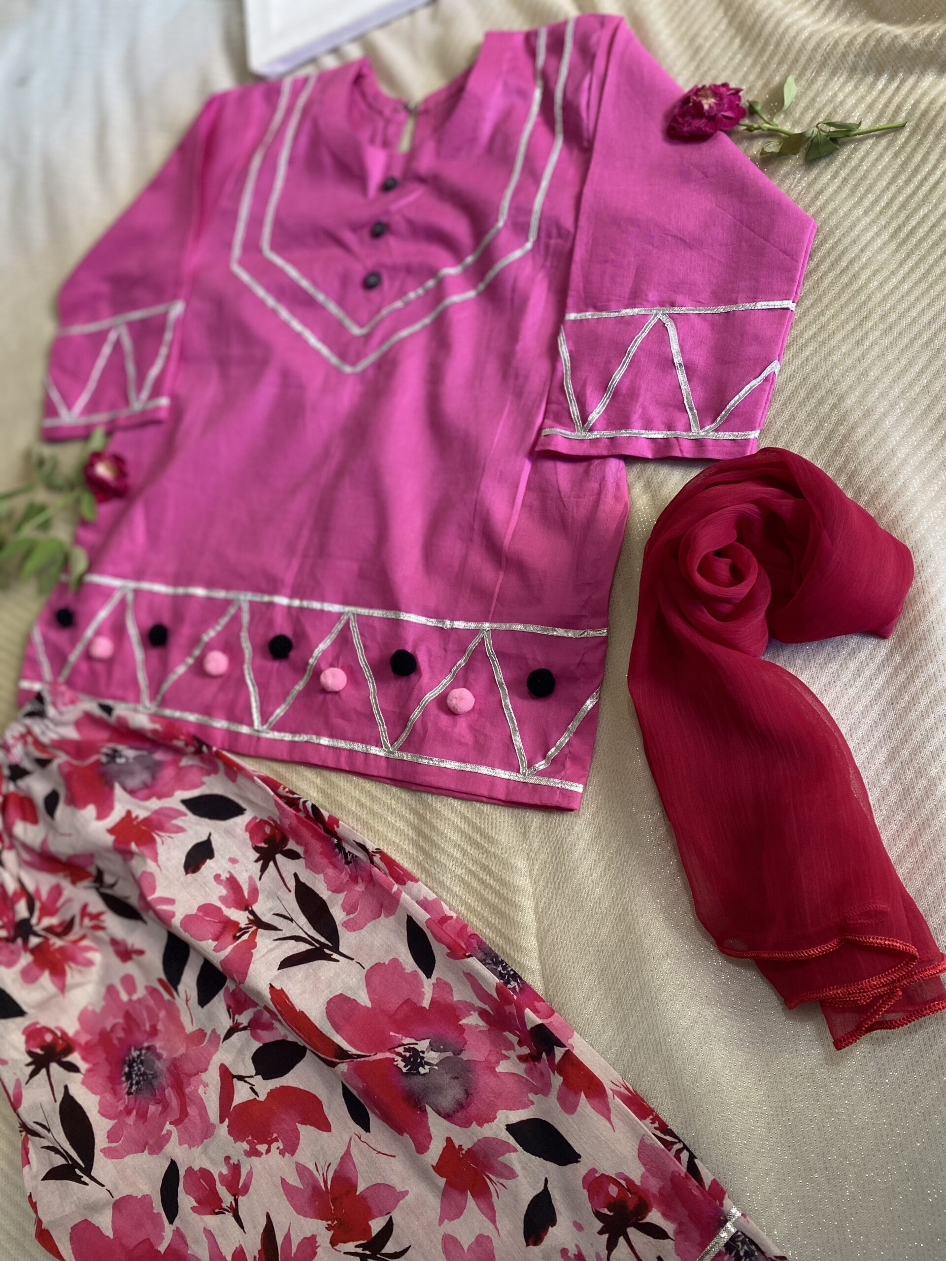 πΈ Pink Summer 3 Piece Lawn Suit β Kidswear with Lace & Pom-Pom Detailing πΈ - Image 2