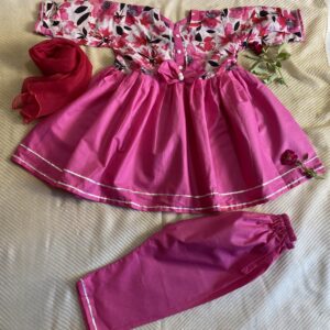 🌸 Pink Floral Frock Style Summer 3 Piece Lawn Suit – Kidswear (3-4 Years) 🌸