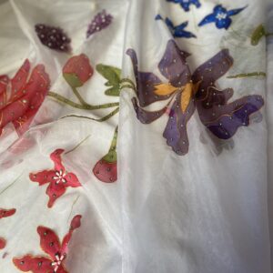 ✨ Elegant Sky Blue Pure Organza Hand-Painted Dupatta with Adda Work, Gota Outline & Silver Lace – 2.5 Yards ✨