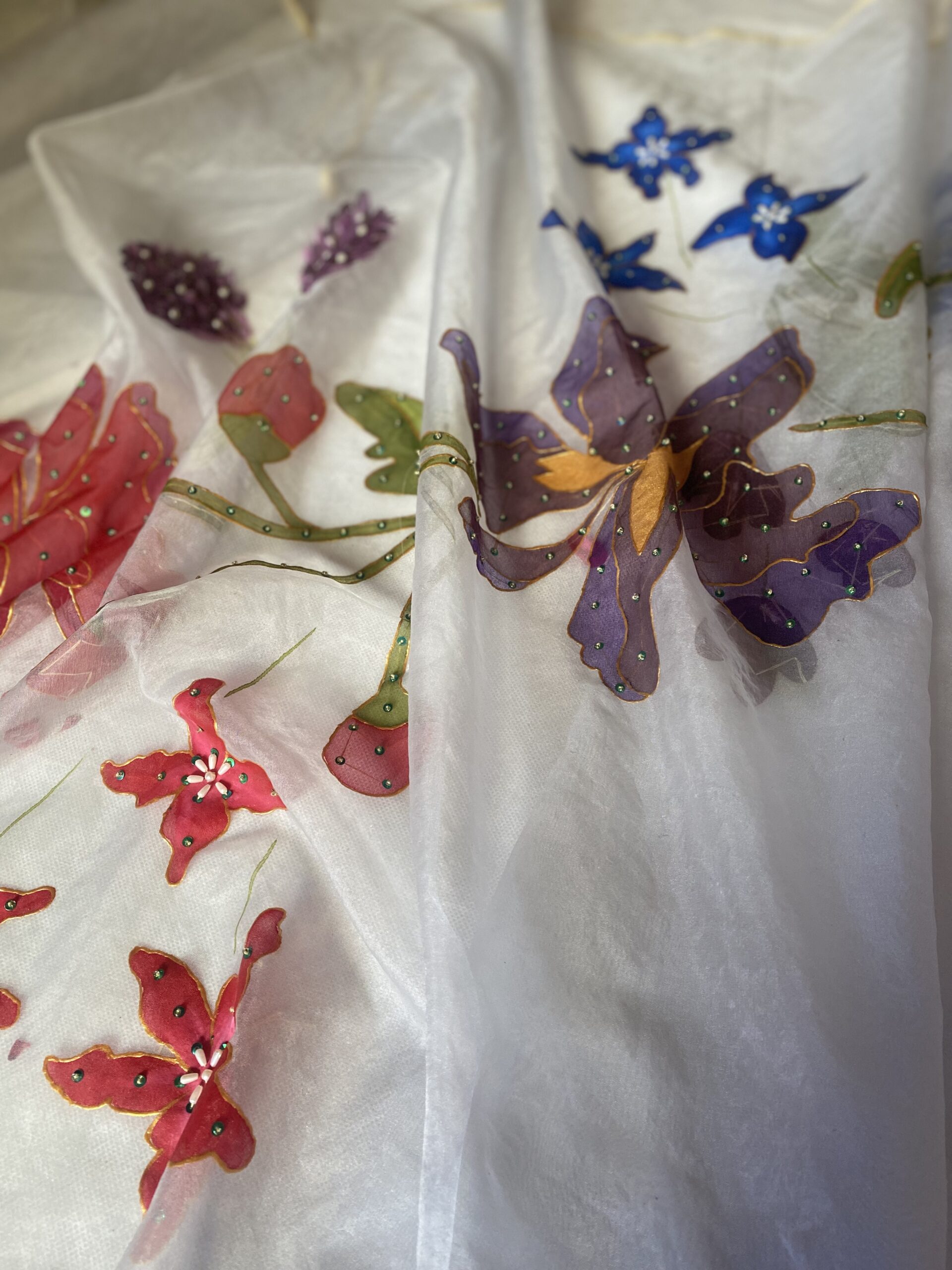 ✨ Elegant Sky Blue Pure Organza Hand-Painted Dupatta with Adda Work, Gota Outline & Silver Lace – 2.5 Yards ✨