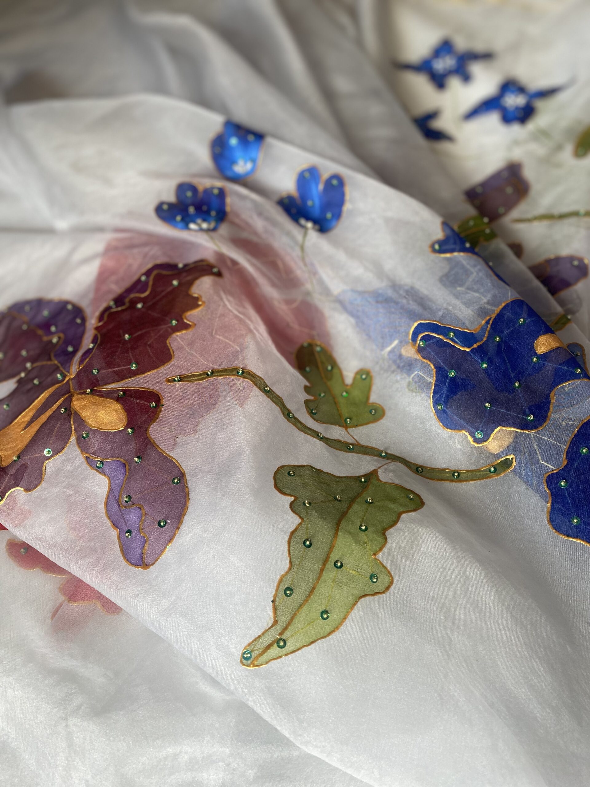 ✨ Elegant Sky Blue Pure Organza Hand-Painted Dupatta with Adda Work, Gota Outline & Silver Lace – 2.5 Yards ✨ - Image 2