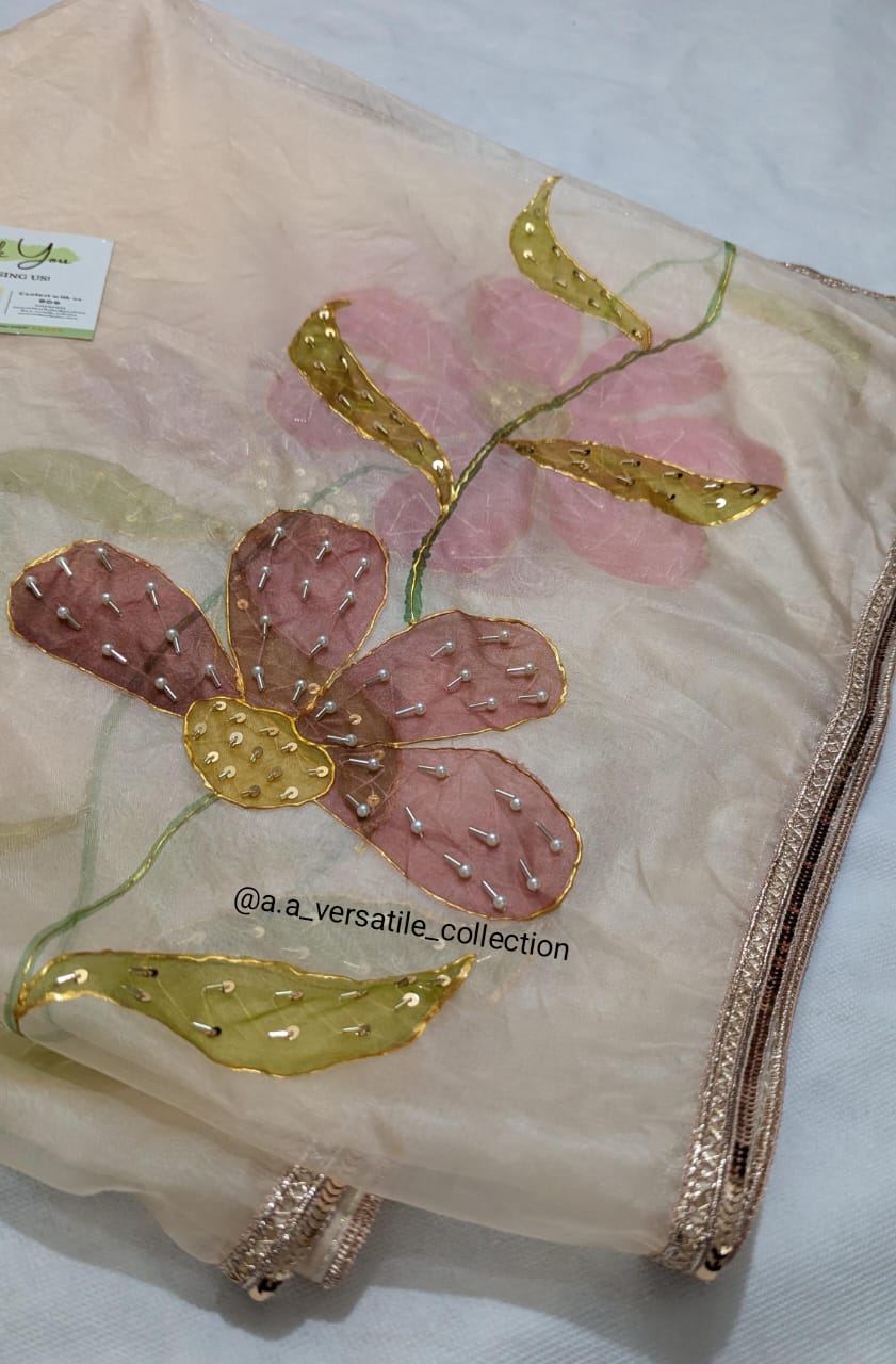 πΈβ¨ Peach Blossom Elegance | Hand-Painted Pure Organza Dupatta with Sitari Lace π - Image 5