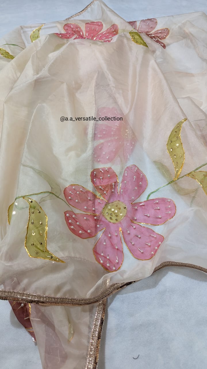 πΈβ¨ Peach Blossom Elegance | Hand-Painted Pure Organza Dupatta with Sitari Lace π - Image 4