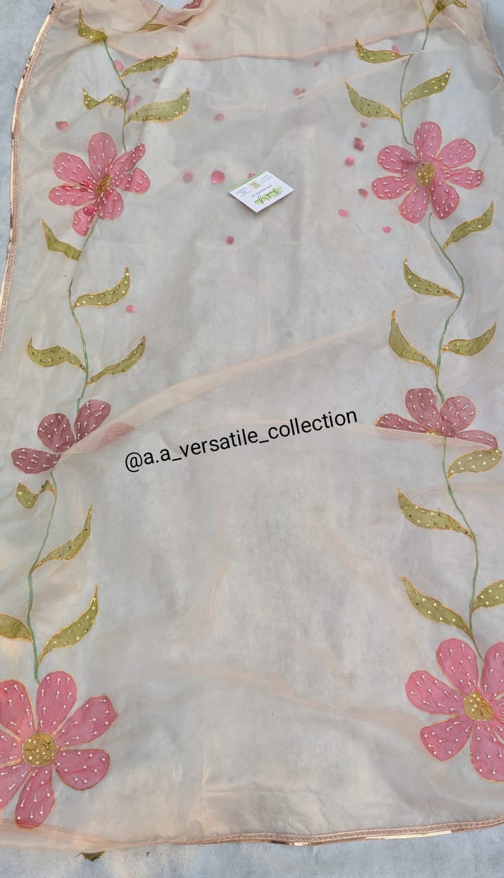 πΈβ¨ Peach Blossom Elegance | Hand-Painted Pure Organza Dupatta with Sitari Lace π - Image 2