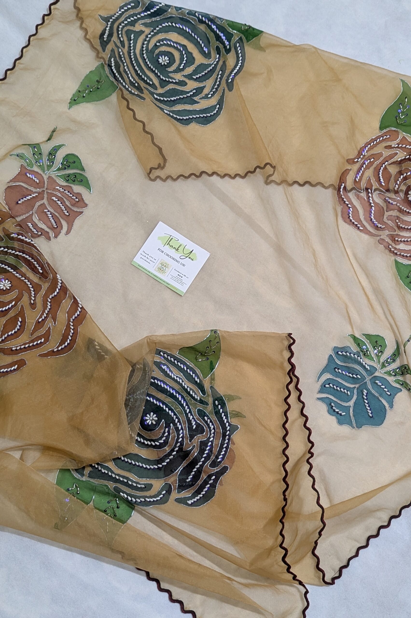 ✨ Light Brown Hand-Painted Organza Dupatta ✨