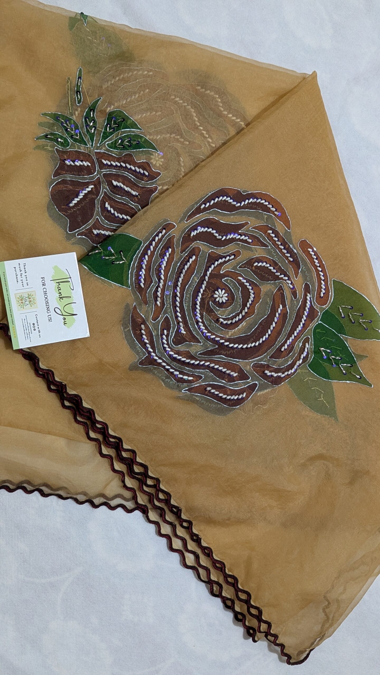 ✨ Light Brown Hand-Painted Organza Dupatta ✨ - Image 3