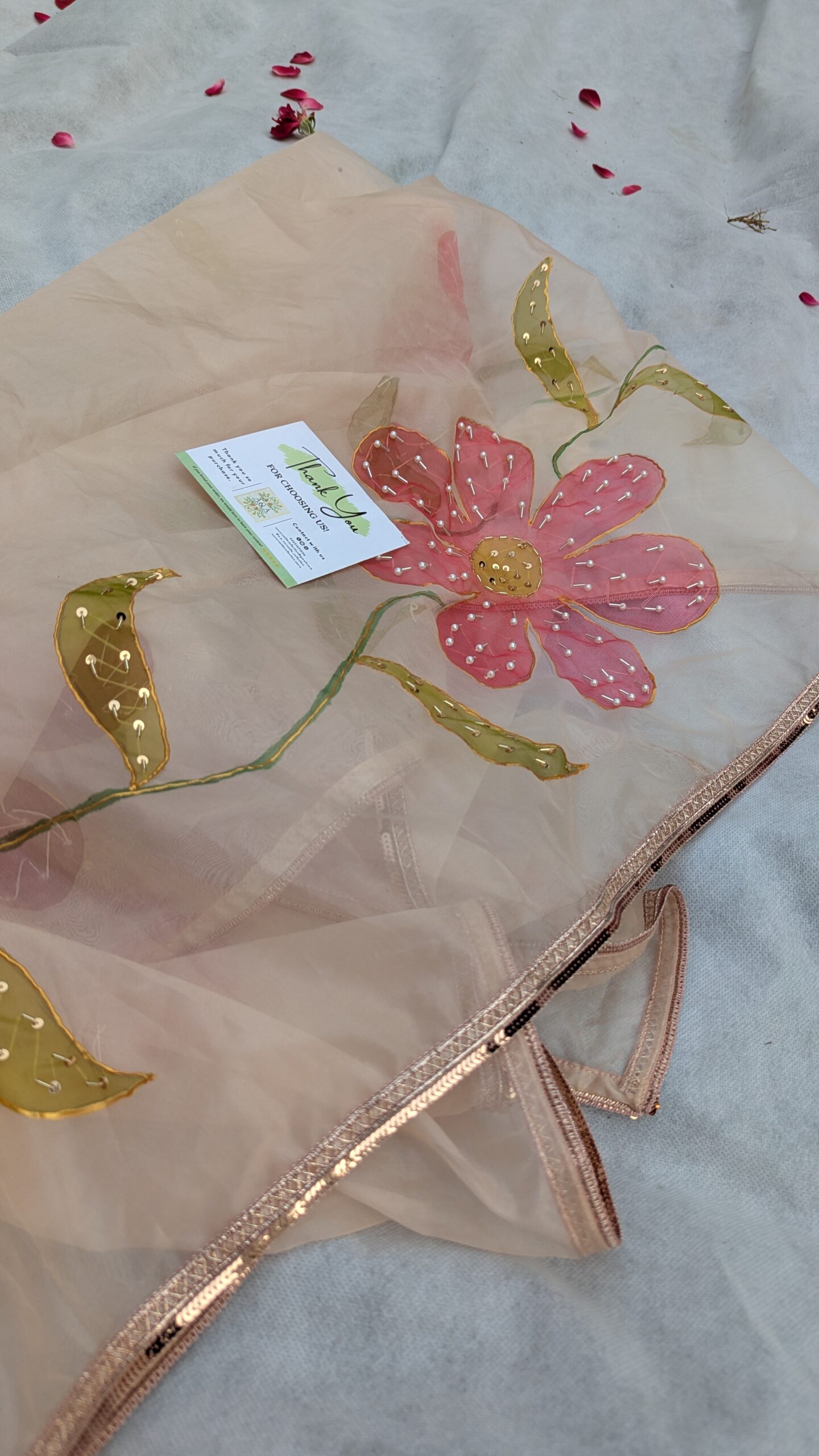 πΈβ¨ Peach Blossom Elegance | Hand-Painted Pure Organza Dupatta with Sitari Lace π